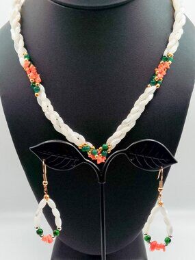 Vintage Mother of Pearl Torsade Necklace Earring Set Braided 3 Stand Coral Jade